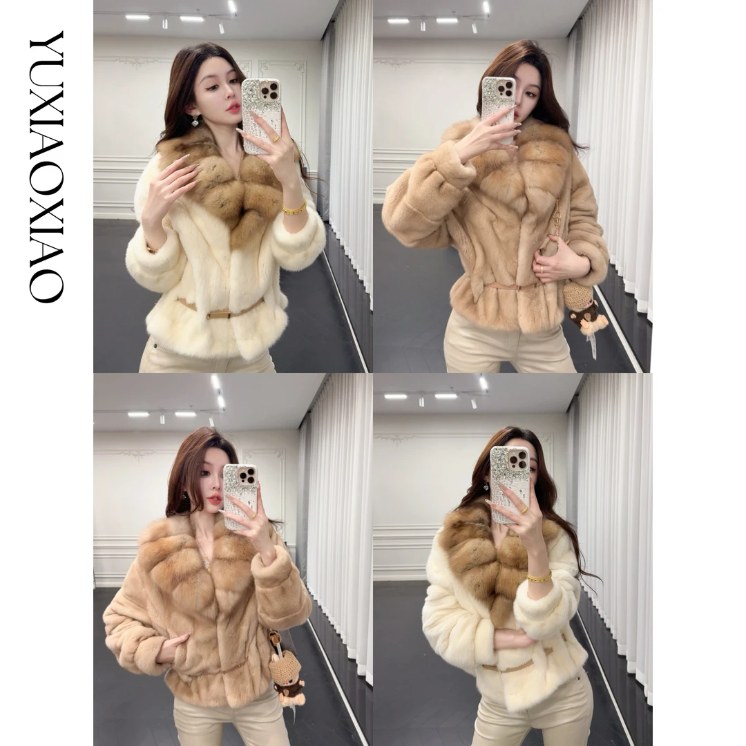 余潇潇【金字塔女王】天鹅绒本色貂半抽刀横排水貂毛拼接紫水貂皮草