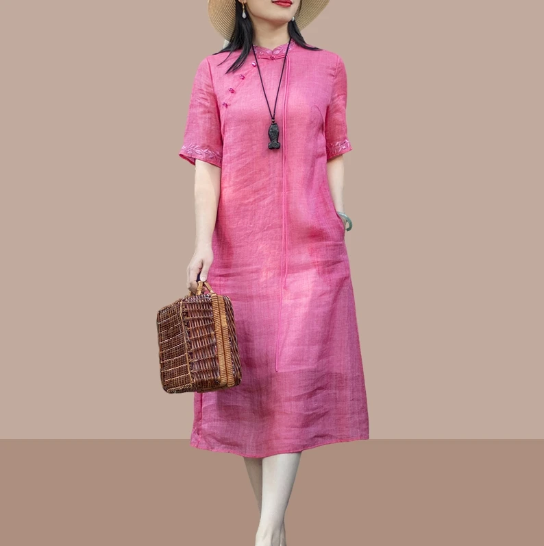 夏季时尚新款中式礼服刺绣连衣裙女宽松显瘦喜妈妈婚宴高贵旗袍裙