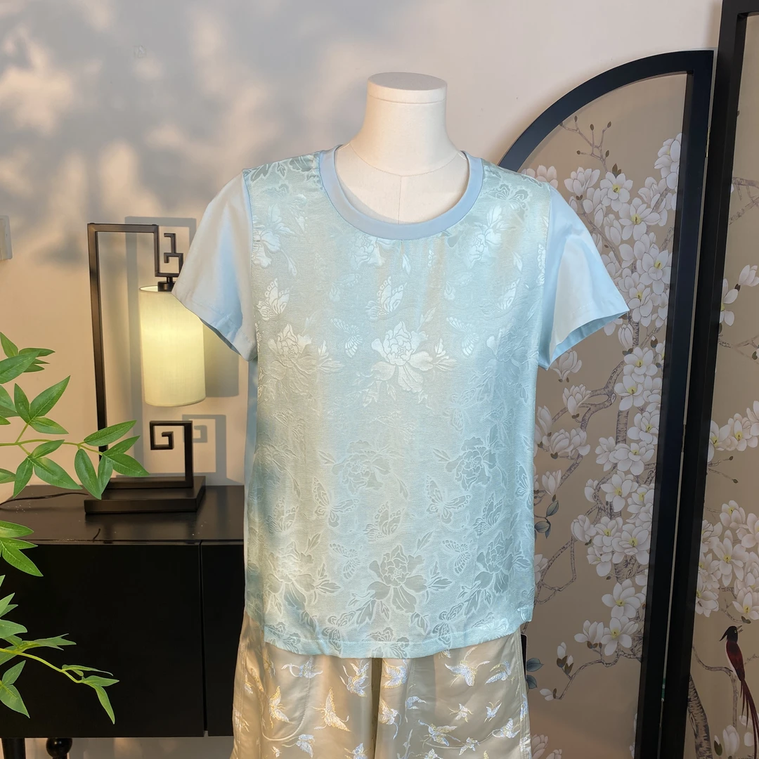 潘掌柜-新中式原创3666桑蚕丝夏款短袖真丝面料衬衫提花女新款