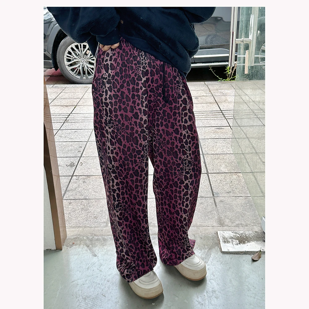 ZR093秋季新款宽松抽绳松紧腰女士豹纹直筒休闲长裤