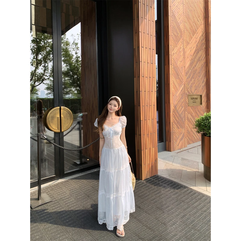 法式甜美温柔风泡泡袖连衣裙女夏季气质收腰显瘦长裙仙女漂亮裙子
