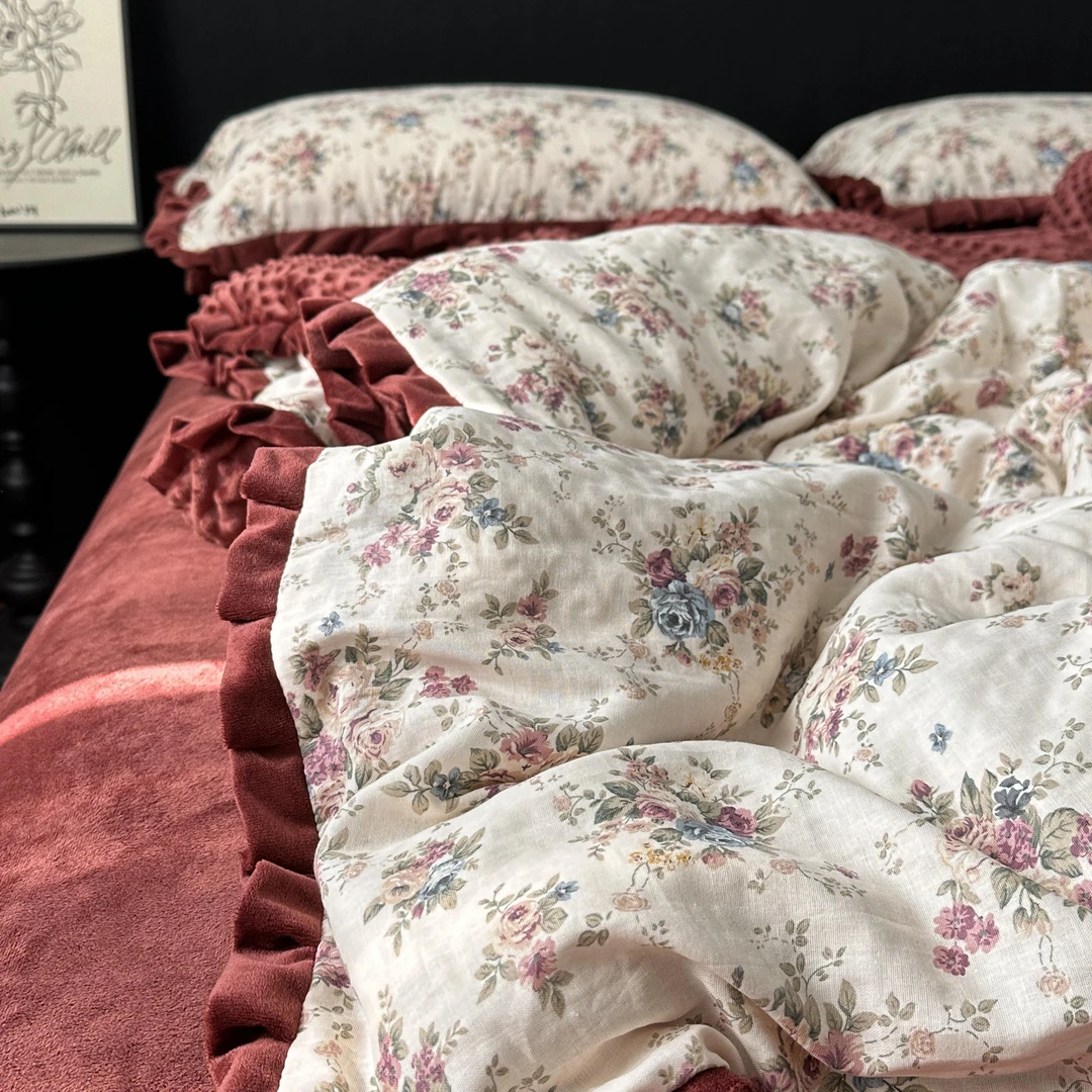 法式双层纱棉加绒豆豆被套四件套牛奶绒床单三100粉色毛毛四件套