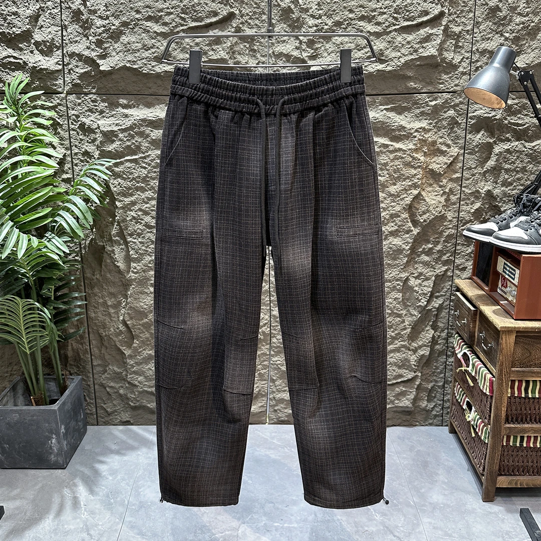 美式复古做旧格子橡筋腰牛仔裤男士2025春秋街头滑板锥形小脚裤