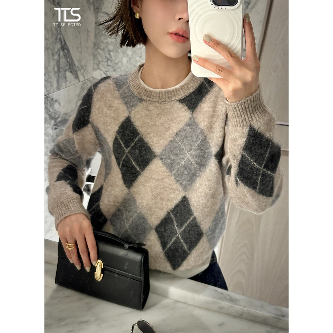 TT【几何美学】康赛妮山羊绒羊毛混纺亲肤软糯菱格针织毛衣MY5078