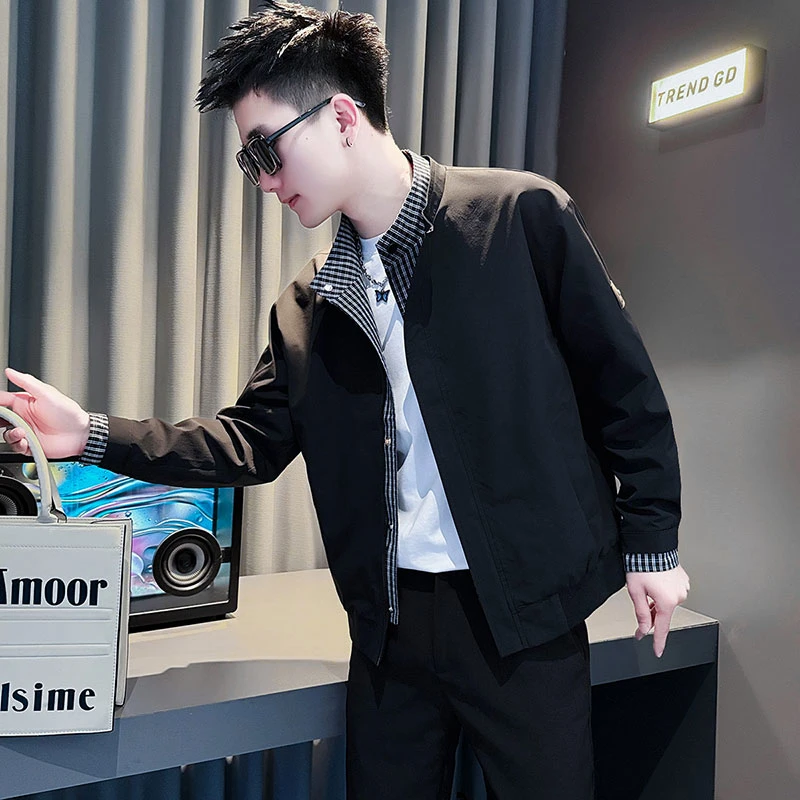 爆款外套男款潮牌痞帅格子撞色假两件男装2025新款立领休闲褂子男