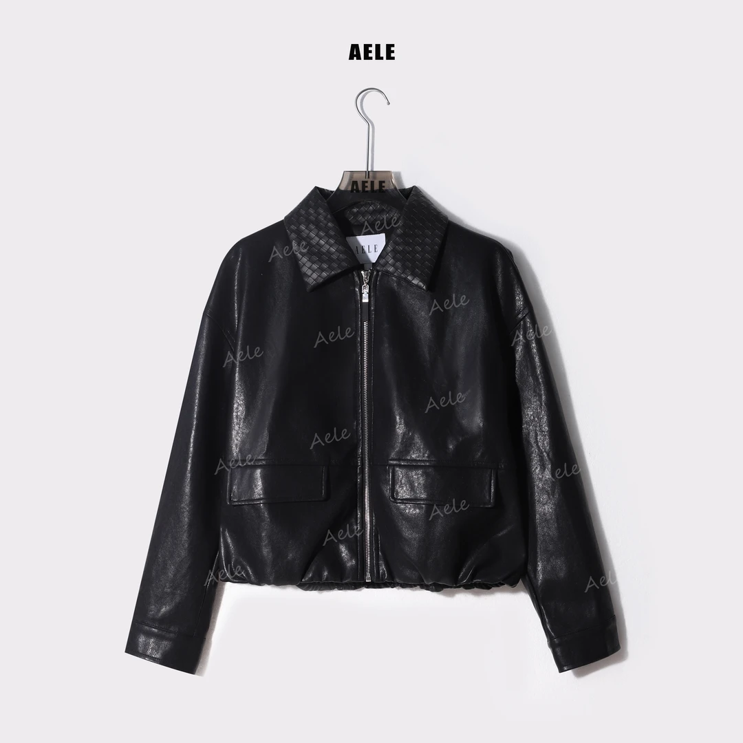 AELE宽松短款编织格翻领皮衣 潮流黑色皮衣外套 W853 2255 AD
