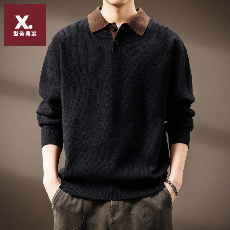高端重磅绵羊毛混纺保暖毛衣男2025秋冬新款宽松撞色百搭Polo上衣
