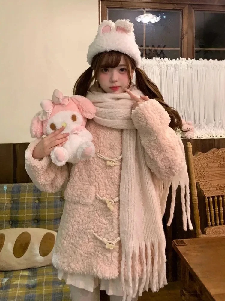 日系软妹风甜美少女感粉色毛绒牛角扣小个子外套秋冬季新款大衣女