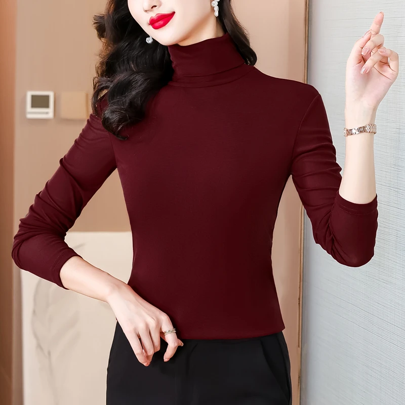 【粉丝专享】（里外同面料）长袖高领纱网纯色T恤显瘦打底衫洋气内搭