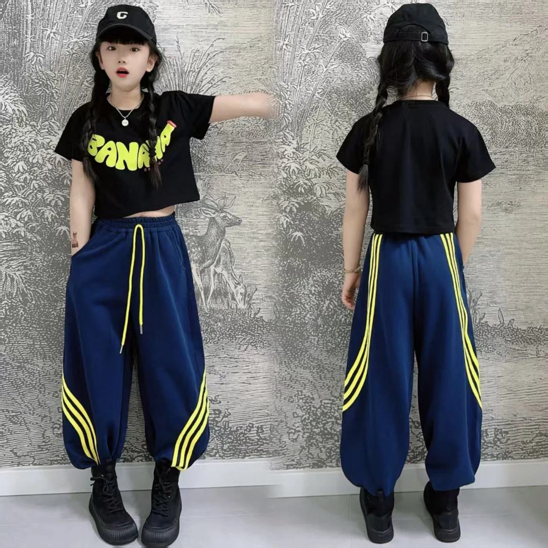 2025夏季美式条纹撞色阔腿裤卫裤女童休闲运动裤复古垂感＋短袖