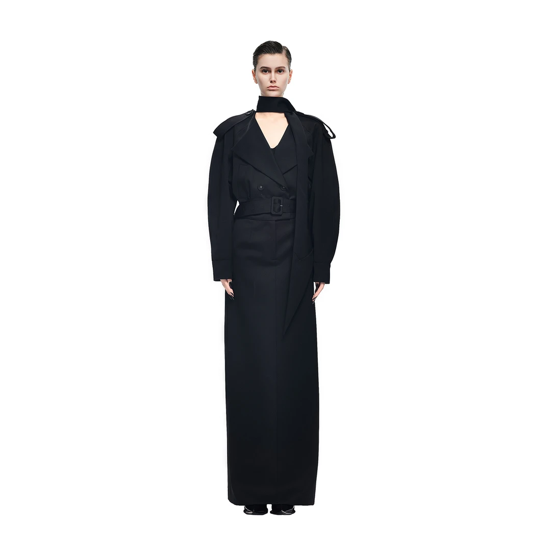 KUNSWEAR「创始人黑标系列」老钱风优雅收腰西装长款外套 636001030