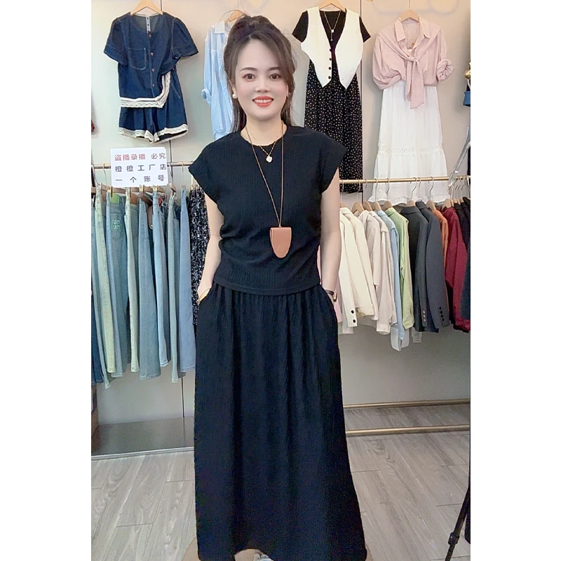 上衣+半身裙/夏季新款休闲套装女简约洋气宽松气质显瘦两件套