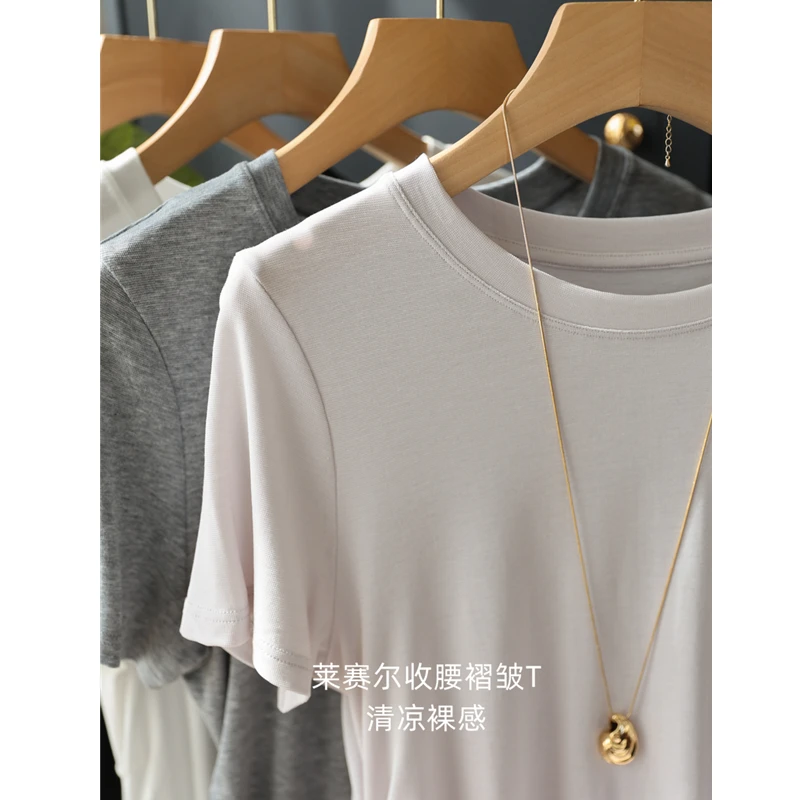 高性价比福利款！小蛮腰纸片人~褶裥收腰显瘦凉爽天丝短袖T恤女夏
