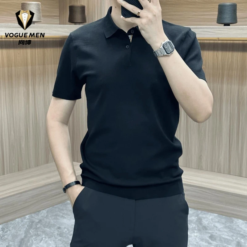 2025男士时尚翻领POLO衫百搭秋季半袖高品质商务纯色针织休闲修身