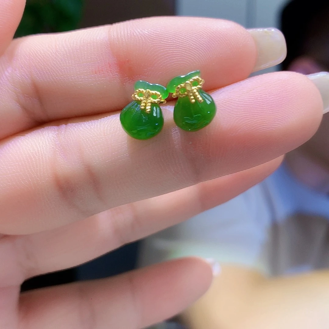 和田玉（碧玉）银S925镀金镶嵌耳饰