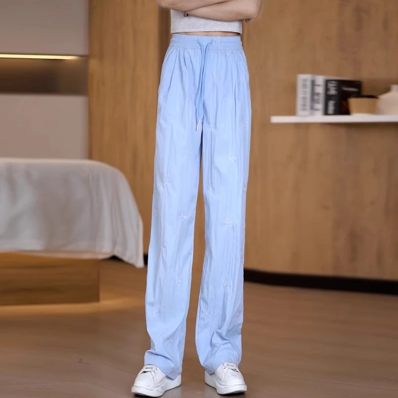 2025新款宽松蝴蝶结刺绣阔腿裤女夏季薄款显瘦高腰慵懒风休闲长裤