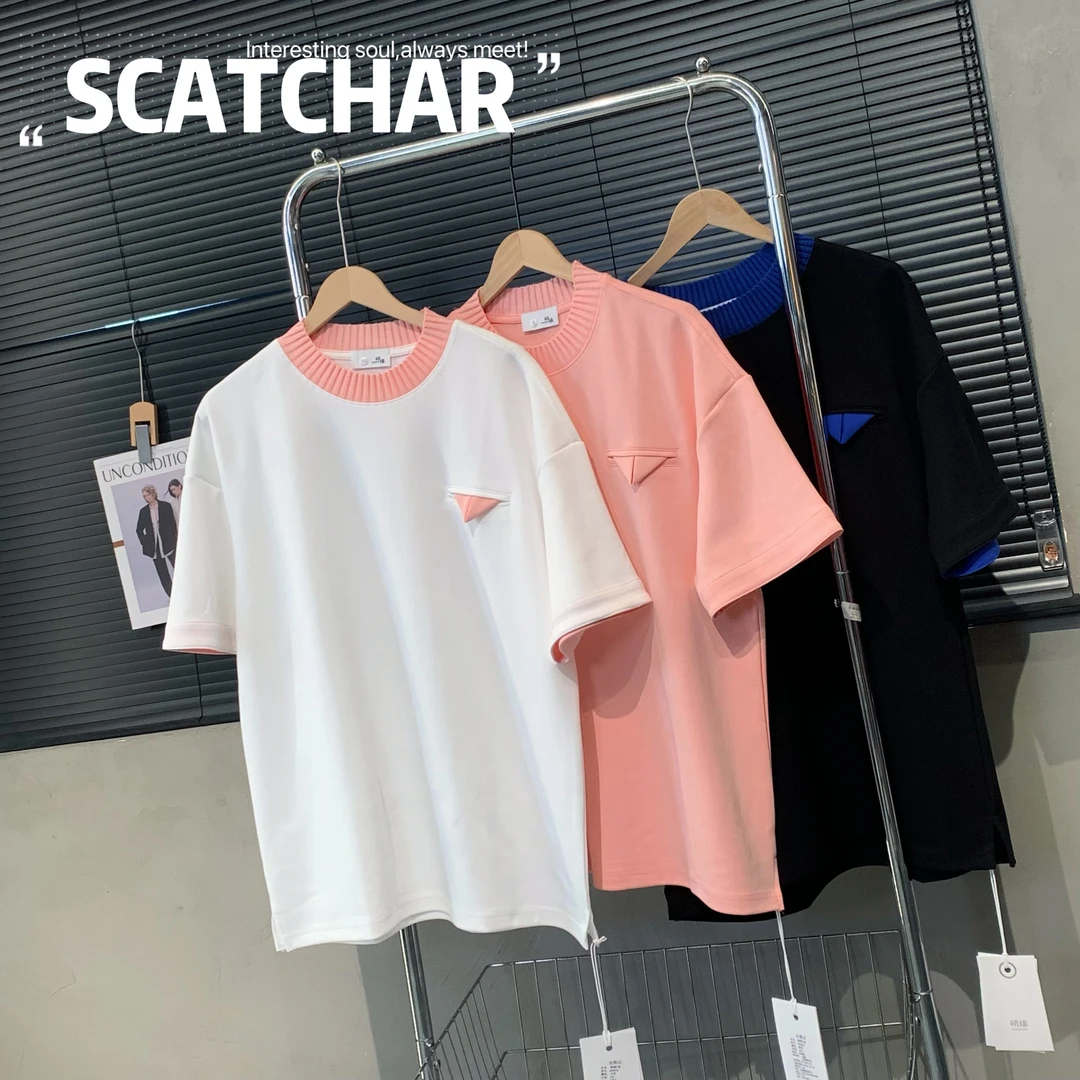 【杨少华服饰】2025夏季潮牌简约撞色领口圆领短袖高档时尚T恤89363