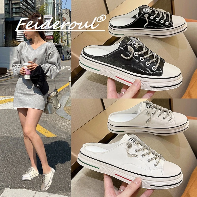 Feideroul大码包头半拖鞋外穿2025薄款平底透气真皮水钻鞋带半托