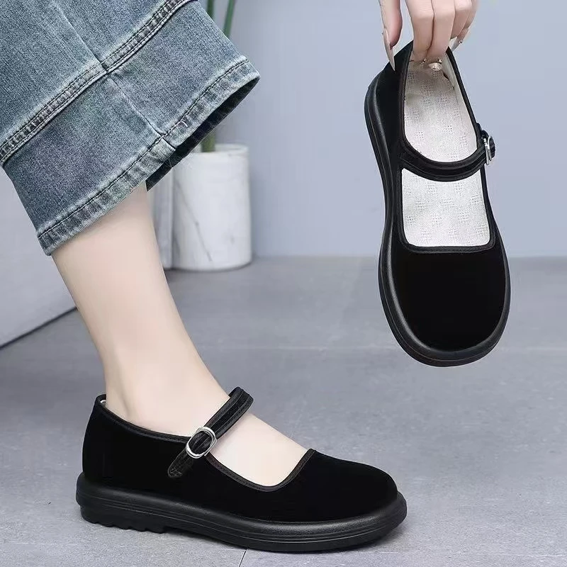 【软底防滑】一字扣工作鞋软底上班黑色工装女久站不累脚老北京布鞋