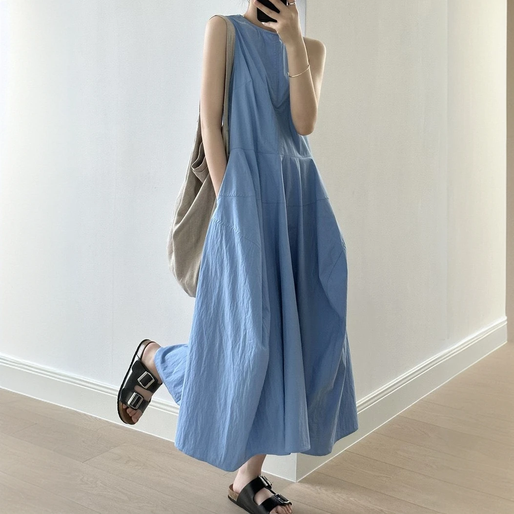 花苞裙大摆无袖裙松弛感连衣裙女夏季韩版气质高级感简约背心裙子