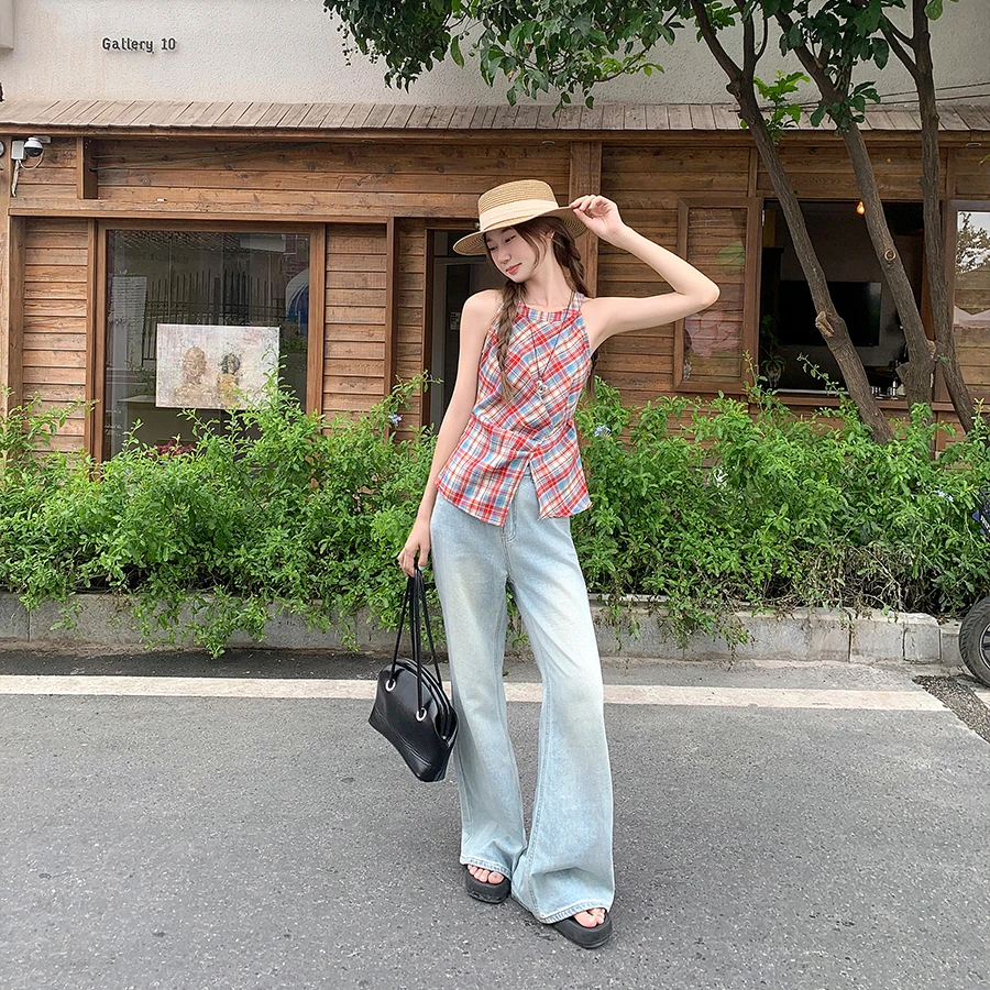 酷飒风女装高级感不规则开叉无袖上衣复古撞色格子挂脖露肩背心女