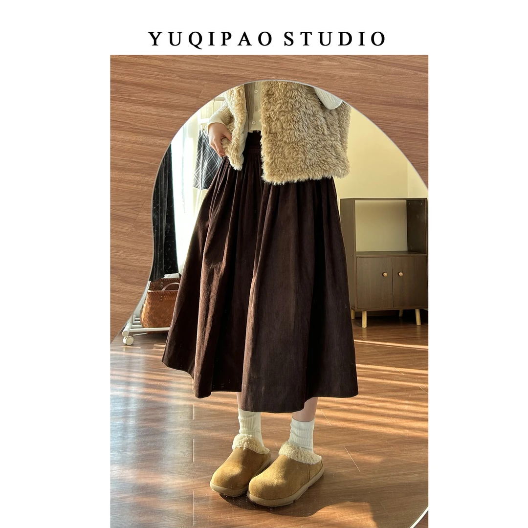 大码胖mm复古咖色半身裙女冬季显瘦a字裙微胖遮胯松紧腰中长裙子