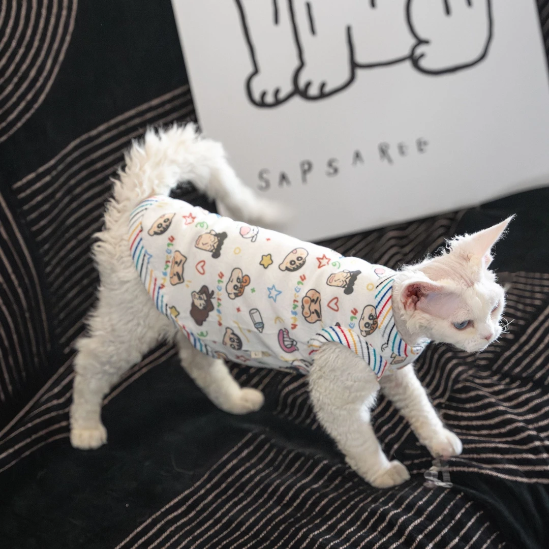 卡通小新背心透气空调服护肚子无毛猫衣服德文猫咪衣服斯芬克斯猫