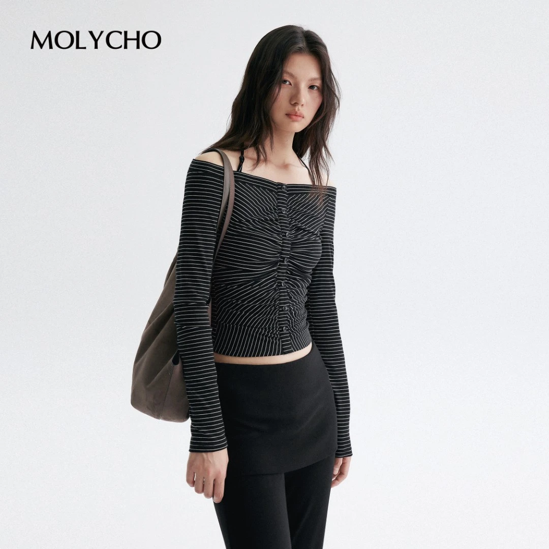 MOLYCHO | S曲线/复古条纹一字肩挂脖长袖T恤/修身褶皱打底衫上衣