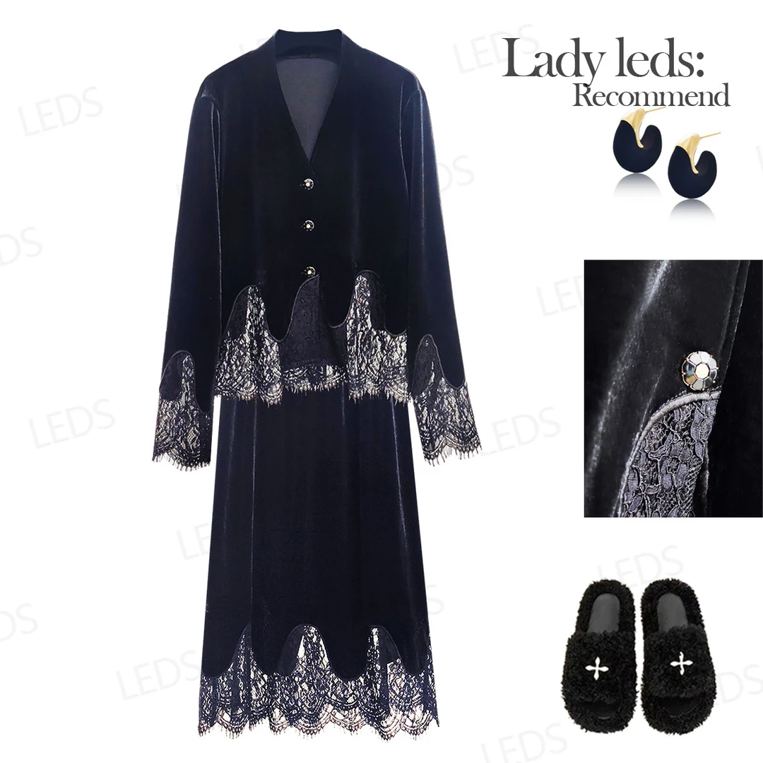 LEDS S558早春新款蕾丝丝绒套裙