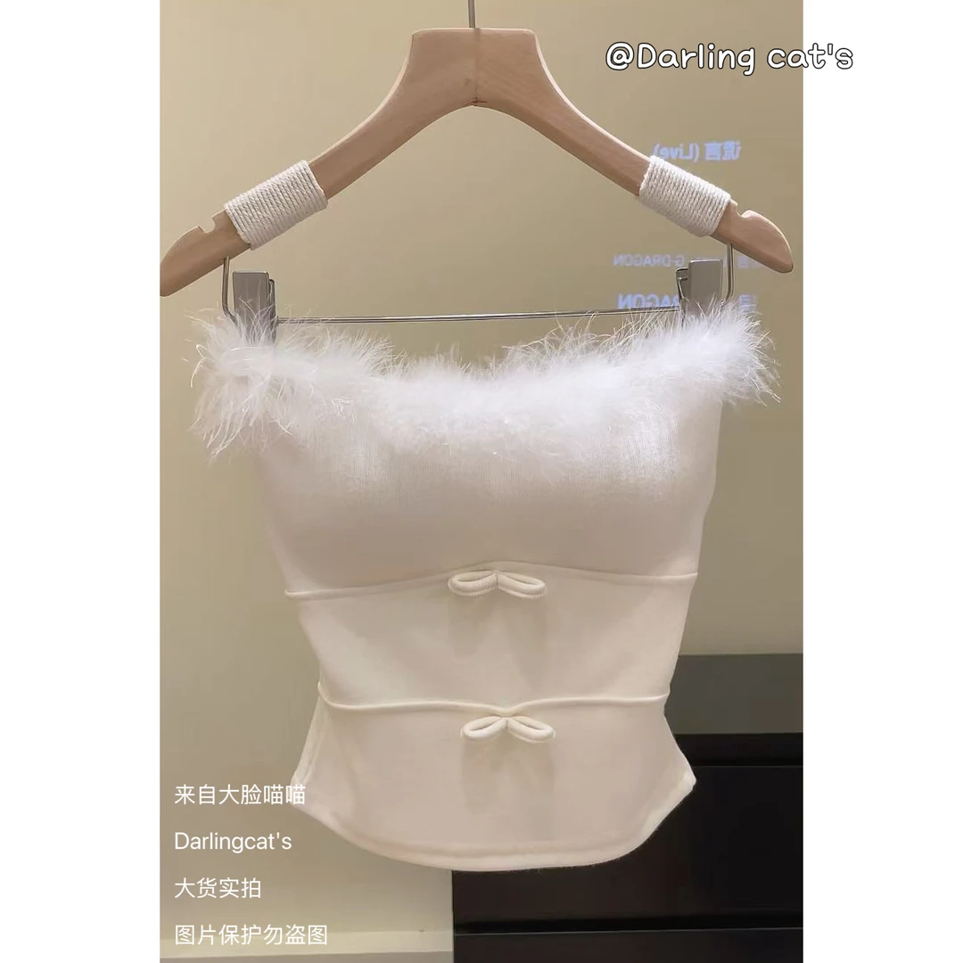 【大脸喵喵实拍】蚂蚁腰 带胸垫 圣诞秋冬纯欲毛毛抹胸背心上衣内搭