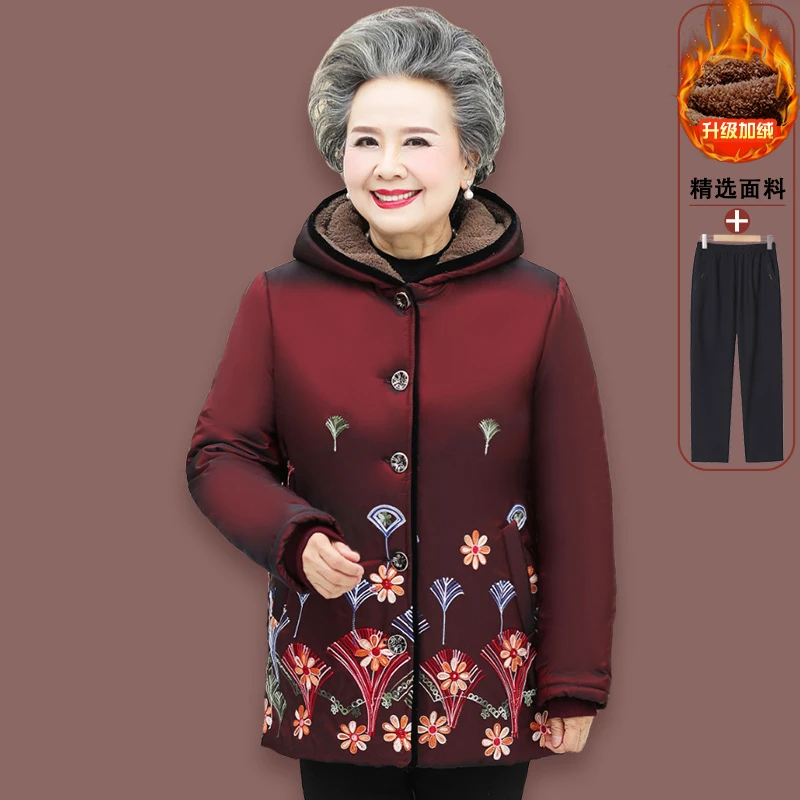奶奶加绒加厚棉袄冬装中长款洋气中老年女装棉衣外套妈妈连帽棉服