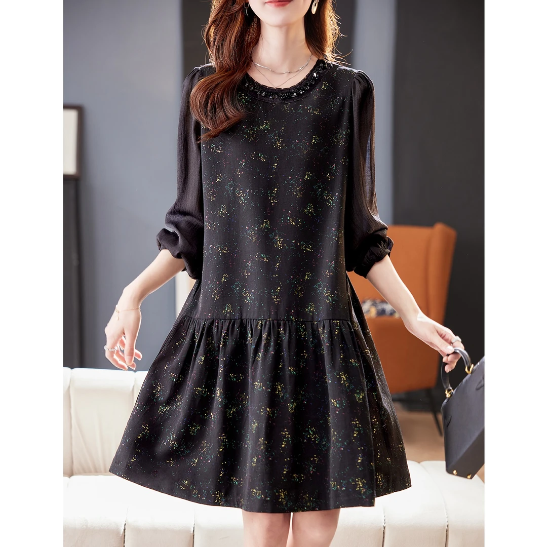 圆领气质时尚拼接印花连衣裙2025秋季宽松减龄显瘦时尚A字裙潮