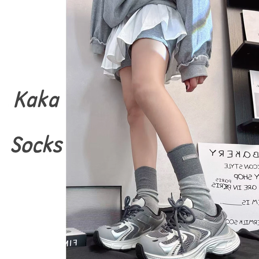 韩版秋冬双针拼色立体字母布标高级感时尚减龄洋气美腿高筒堆堆袜