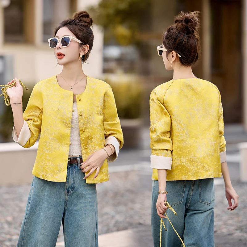新中式黄色提花国风外套女2025年秋季新款小个子复古提花显瘦上衣