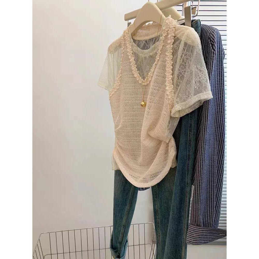 好看到心坎里！！法式高级感气质微透假两件蕾丝上衣女夏季短袖T恤