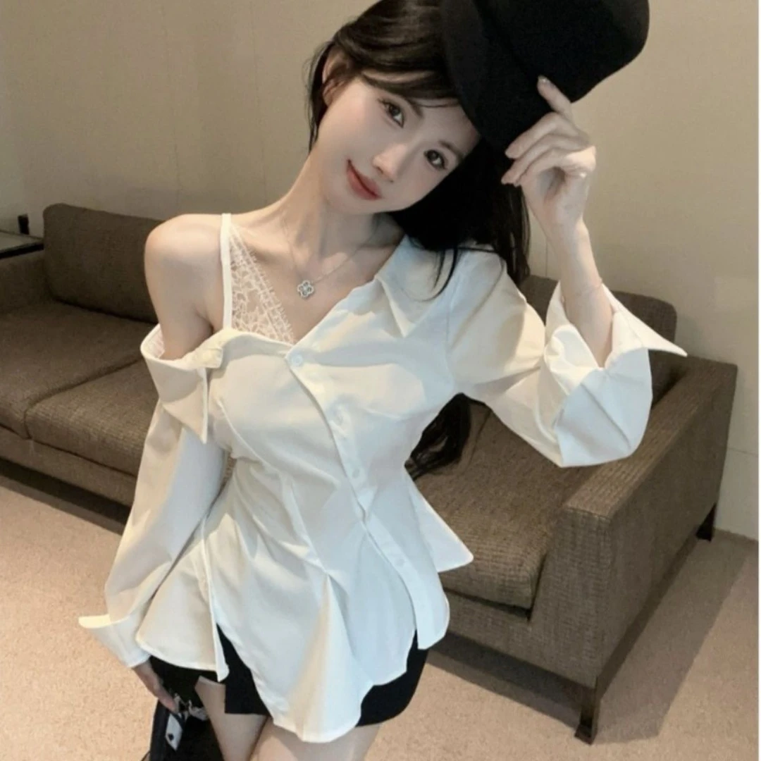 纯欲斜肩露锁骨不对称领衬衫不规则系带收腰显瘦长袖上衣女秋