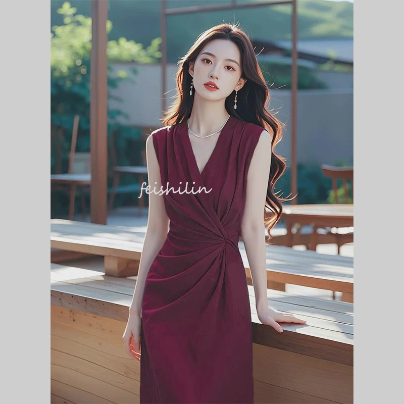 法式大方得体高级感冷淡系独特别致气质正式场合酒红色连衣裙子夏