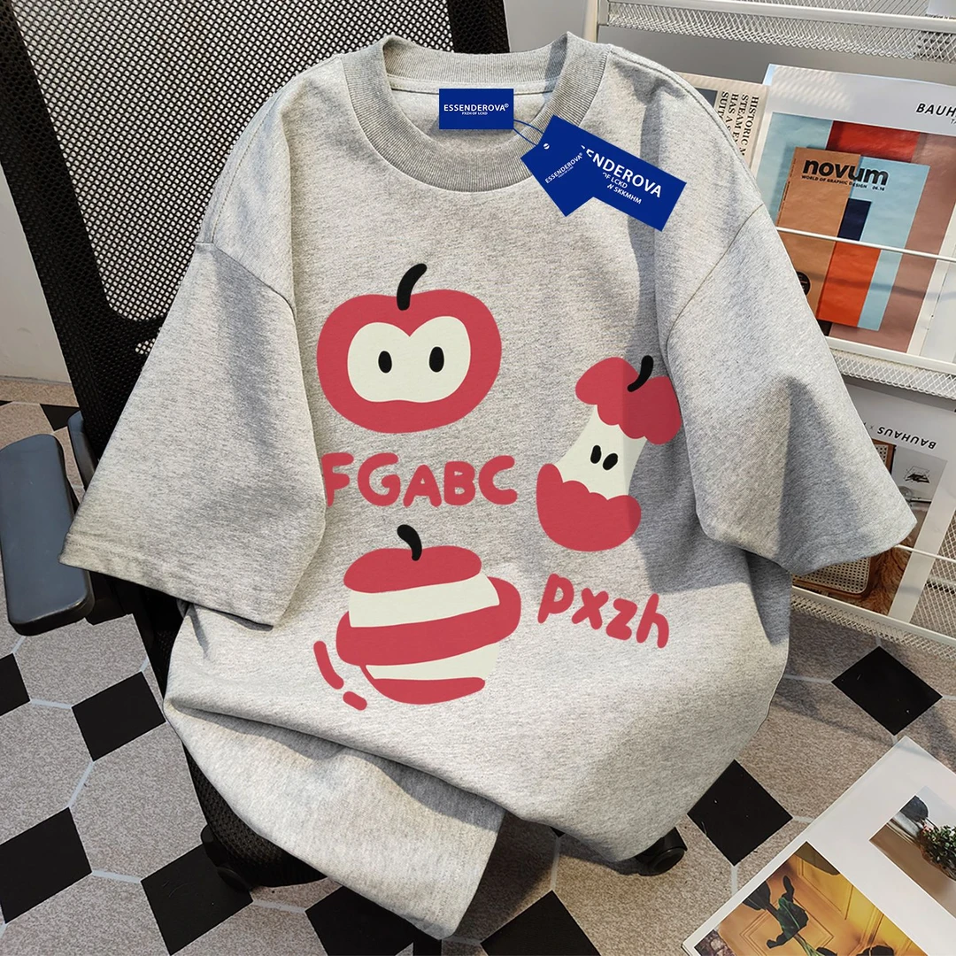 100%纯棉美式设计感苹果印花短袖男女t恤夏季ins高街百搭宽松上衣