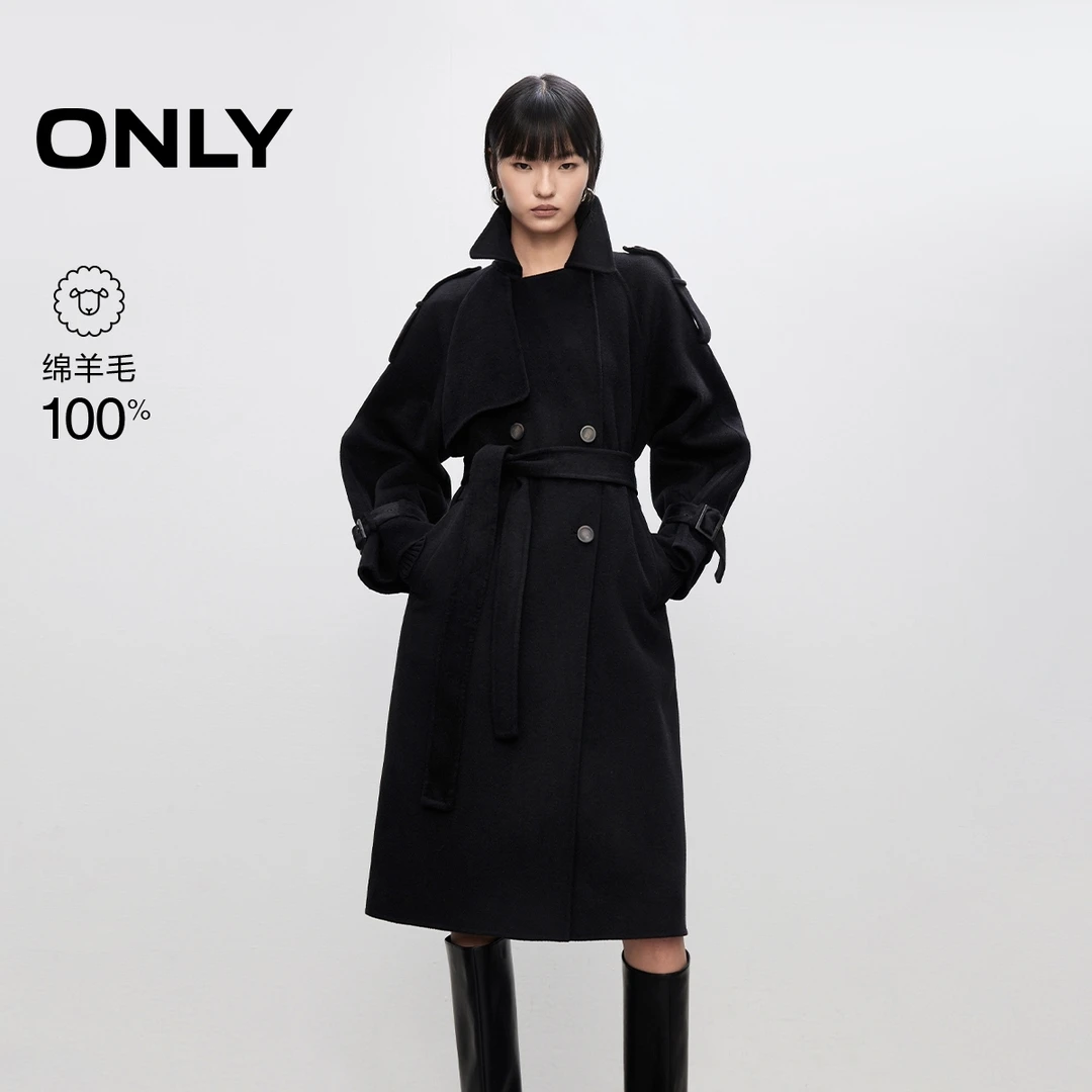 ONLY2025秋季新款英伦风双排扣宽松H型长款毛呢大衣女|12536U006