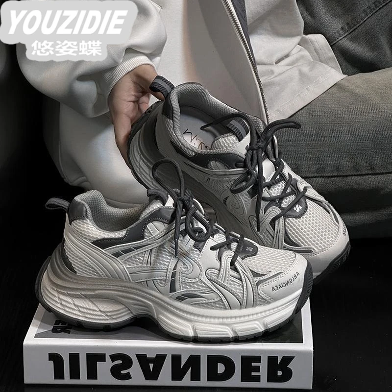 轻奢系带松糕厚底老爹鞋女百搭网纱透气时尚小个子增高休闲运动鞋