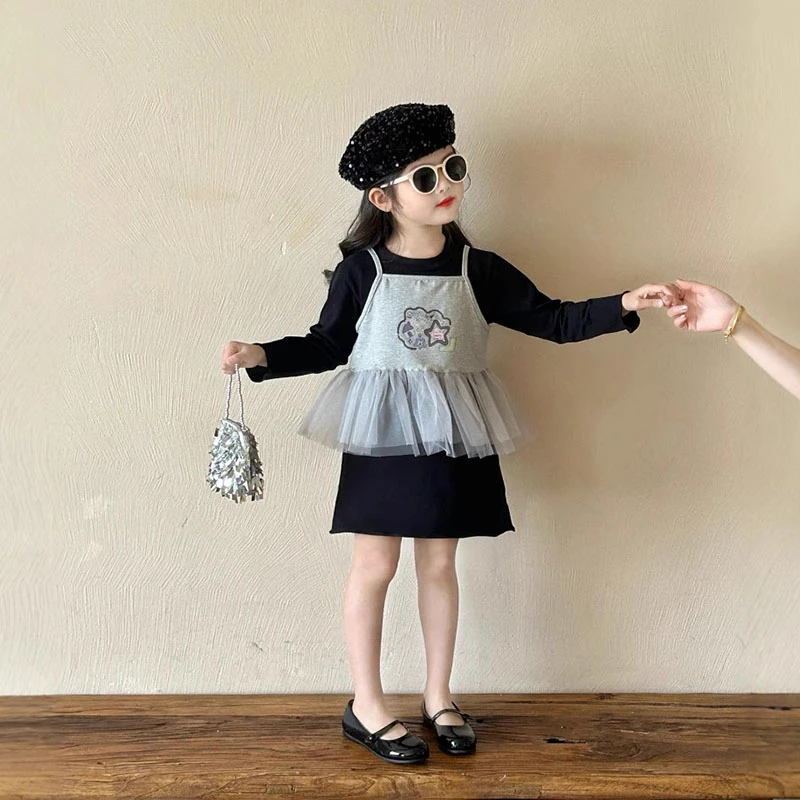 儿童童装春秋新款女童时尚百搭两件套套装吊带打底衫T恤裙连衣裙