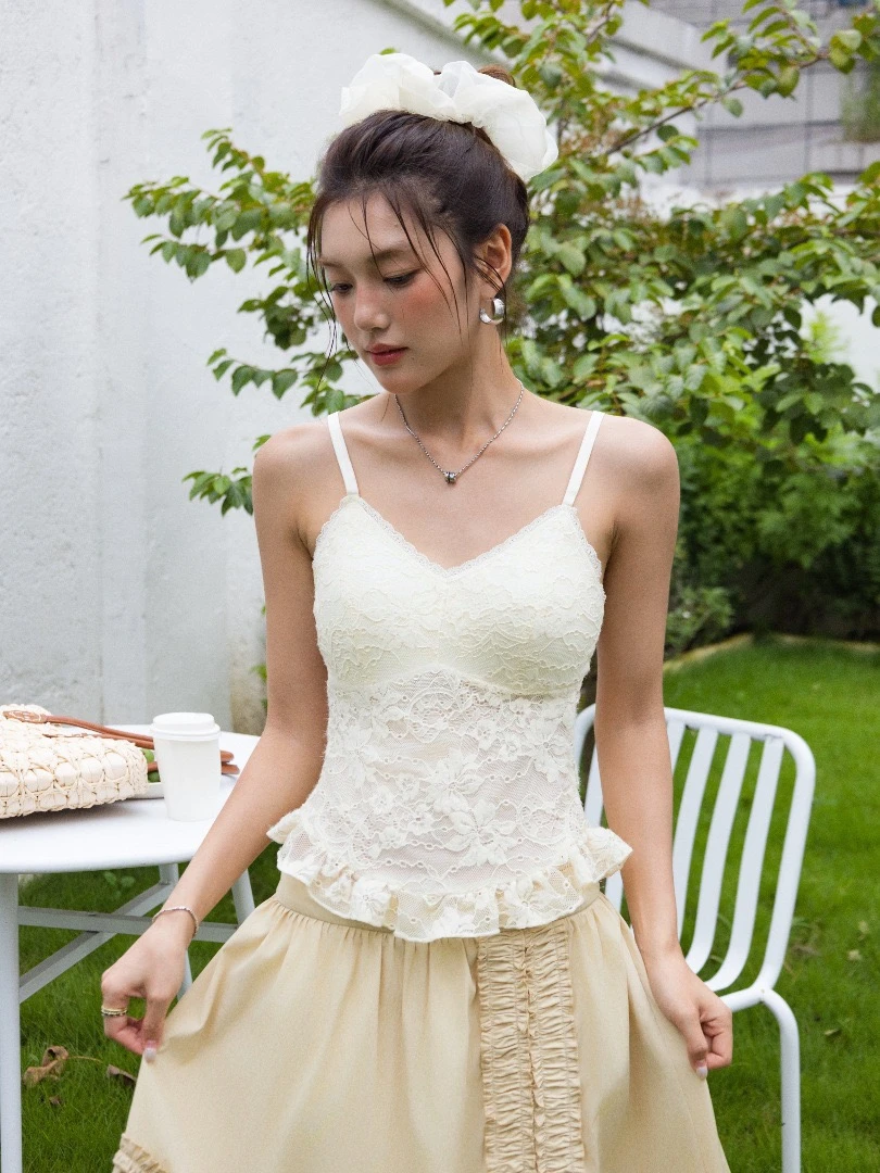 早秋新款法式可外穿V领无袖上衣褶皱花边下摆背心蕾丝吊带背心