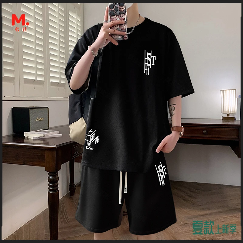 夏季新款男士运动套装短袖短裤一套青少年帅气搭配男装T恤上衣潮