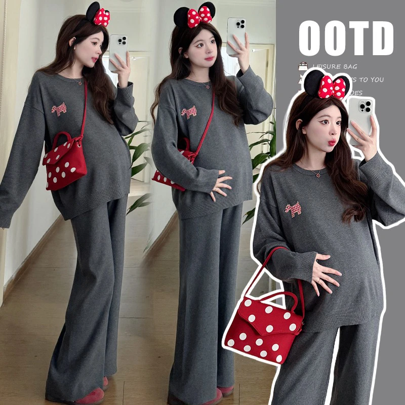 新款早春孕妇懒人穿搭套装亲肤洋气刺绣点缀针织运动套装