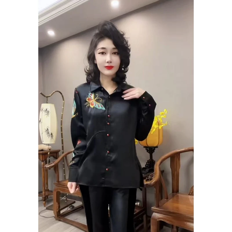 重工刺绣设计丝滑气质衬衫女士春秋新款侧开叉新中式衬衣百搭轻奢