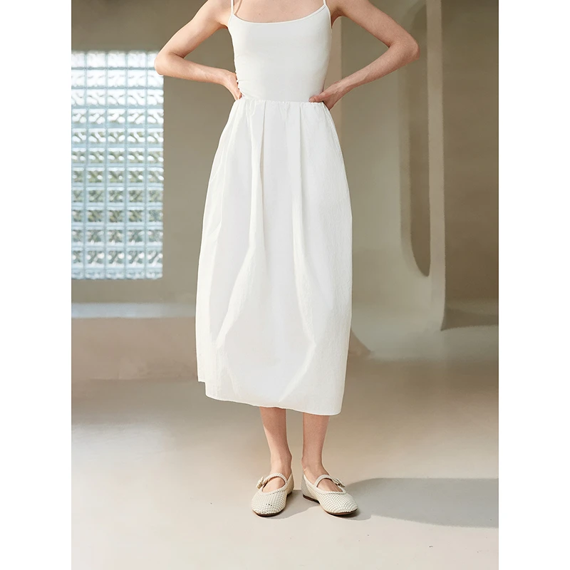 初棉立体捏褶花苞松紧气质显瘦夏季简约半身裙 363617006