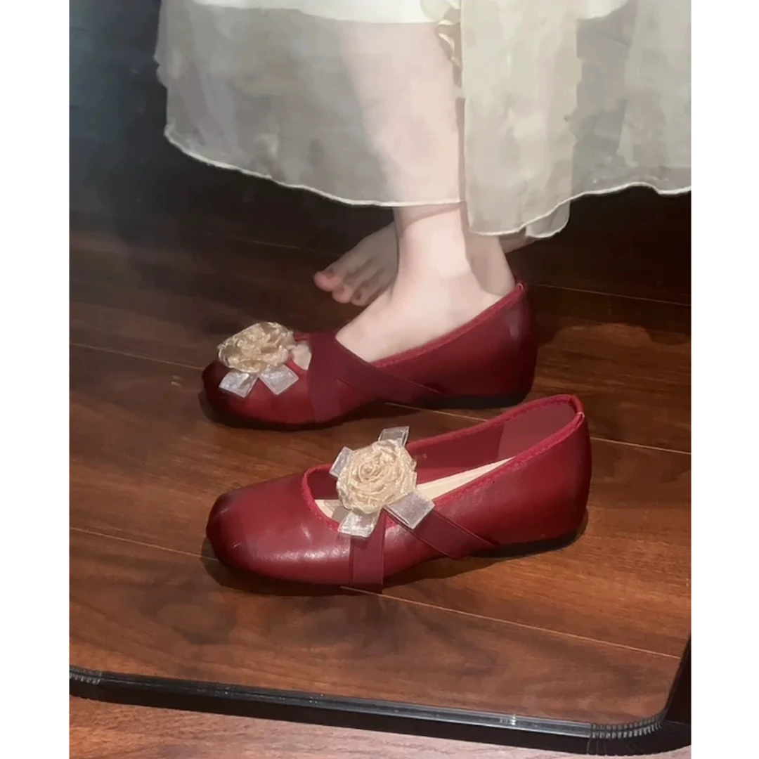 羊皮版~新中式复古花朵芭蕾舞鞋女新款内增高法式浅口单鞋玛丽珍