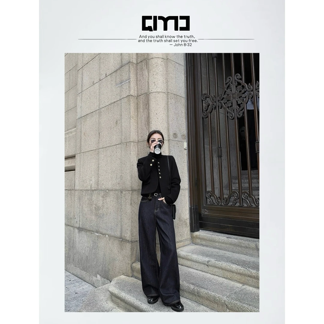 QIMO启茉（A237#高腰牛仔裤（抓绒配皮带）灰蓝色