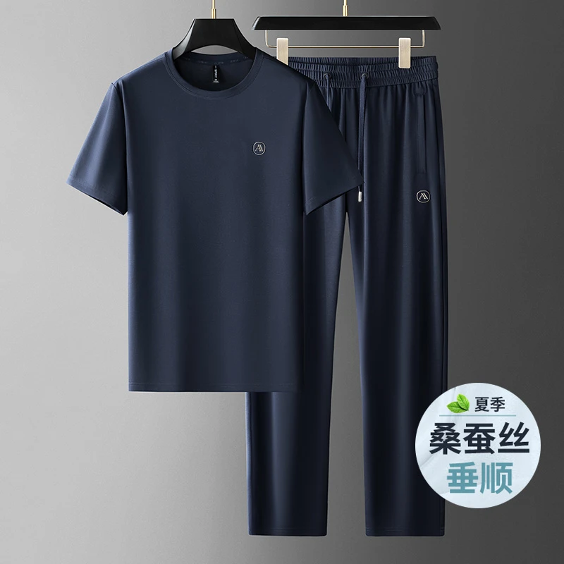 冰丝速干垂顺舒适薄款运动套装圆领夏季休闲时尚运动男士套装