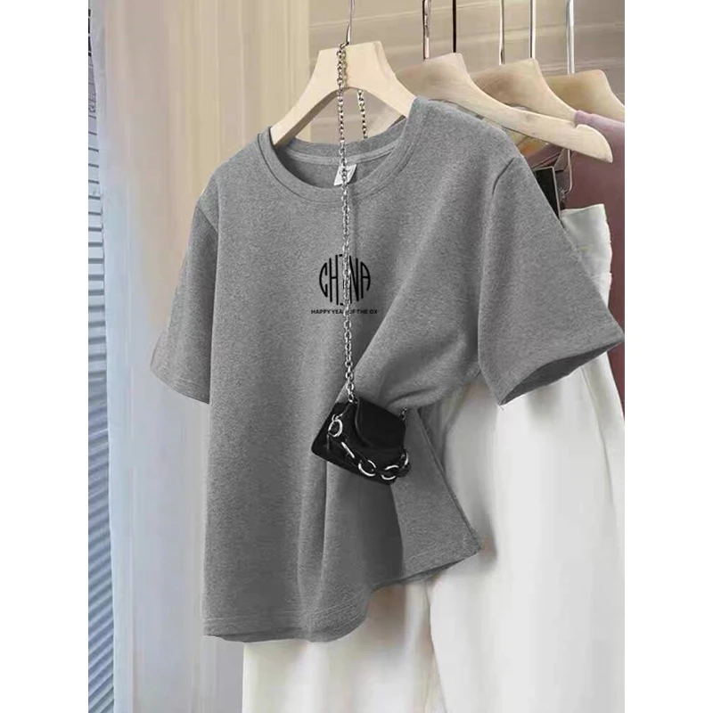 磨毛厚款正肩短袖t恤女2025新款秋季新款灰色上衣纯棉百搭打底衫